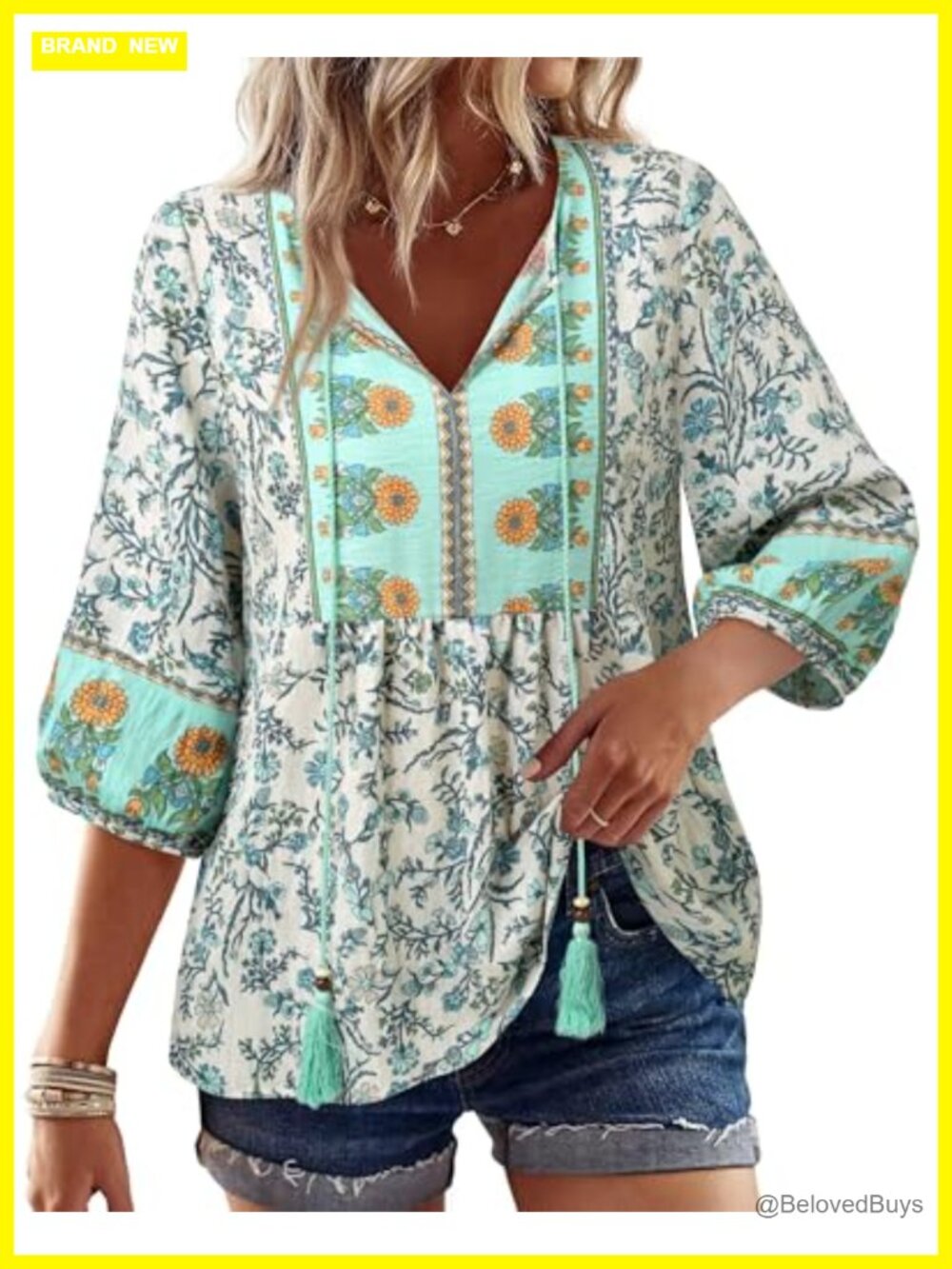 Vivilli Womens Boho Babydoll Peplum Blouse Tie Front V Neck Tunic Top